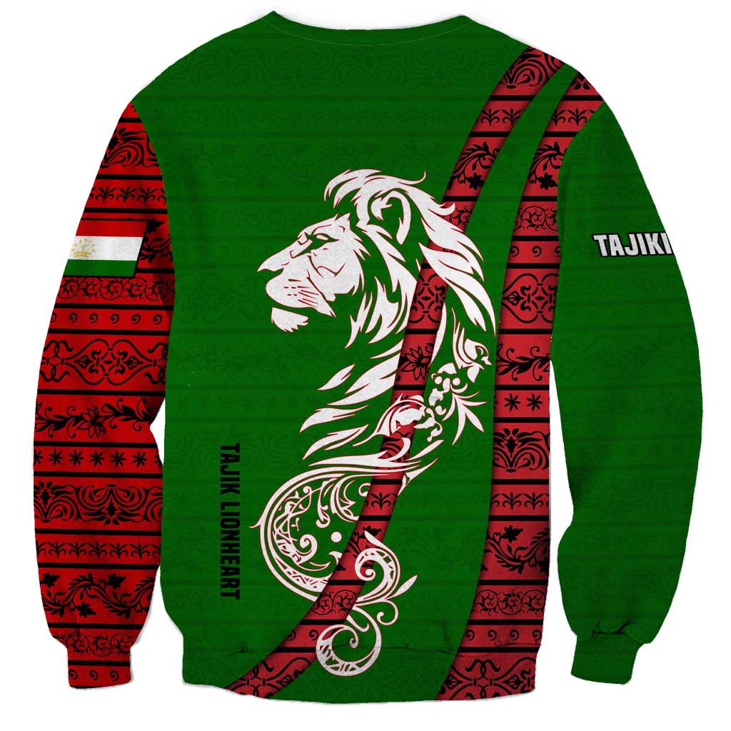 Tajikistan Green Lion Sweatshirt with Red Folk Pattern with Majestic Script