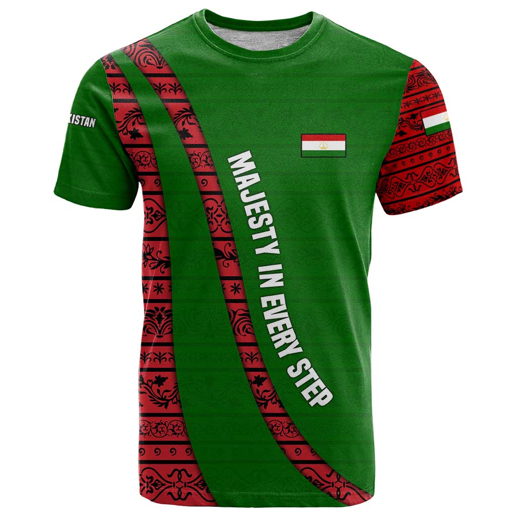 Tajikistan Green Lion T Shirt with Red Folk Pattern with Majestic Script