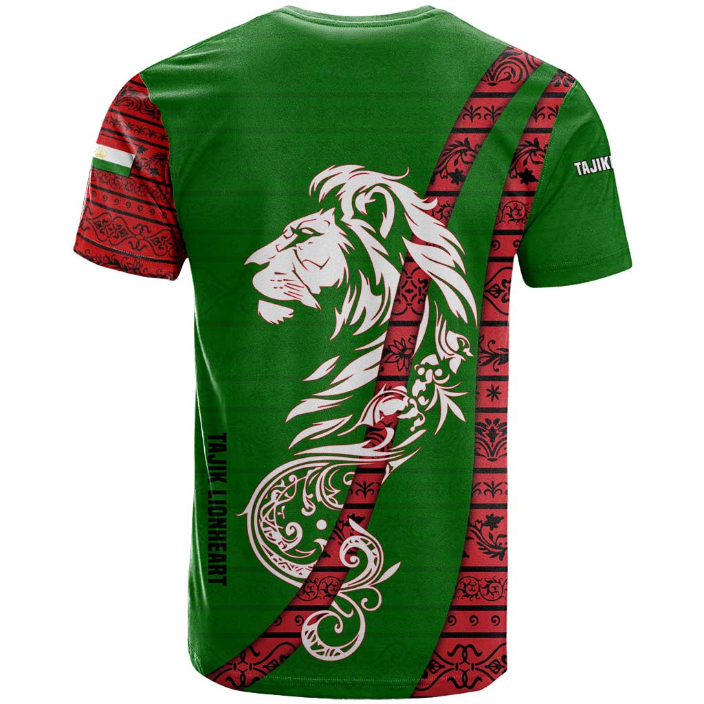 Tajikistan Green Lion T Shirt with Red Folk Pattern with Majestic Script