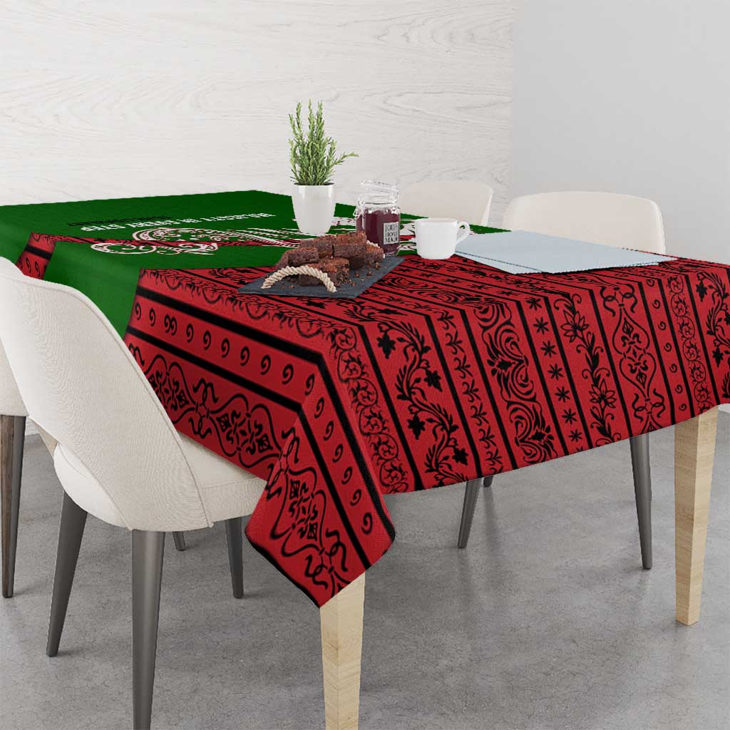Tajikistan Green Lion Tablecloth with Red Folk Pattern with Majestic Script