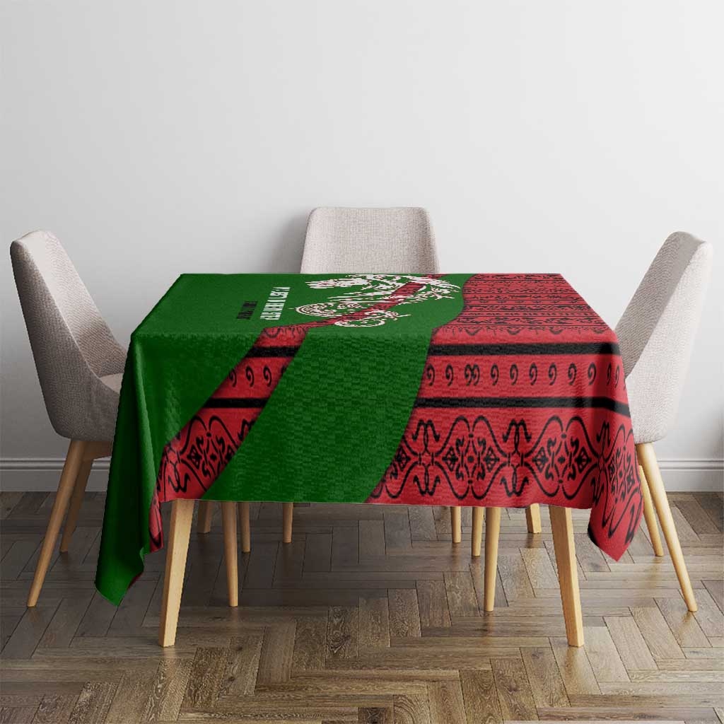 Tajikistan Green Lion Tablecloth with Red Folk Pattern with Majestic Script