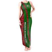 Tajikistan Green Lion Tank Maxi Dress with Red Folk Pattern with Majestic Script