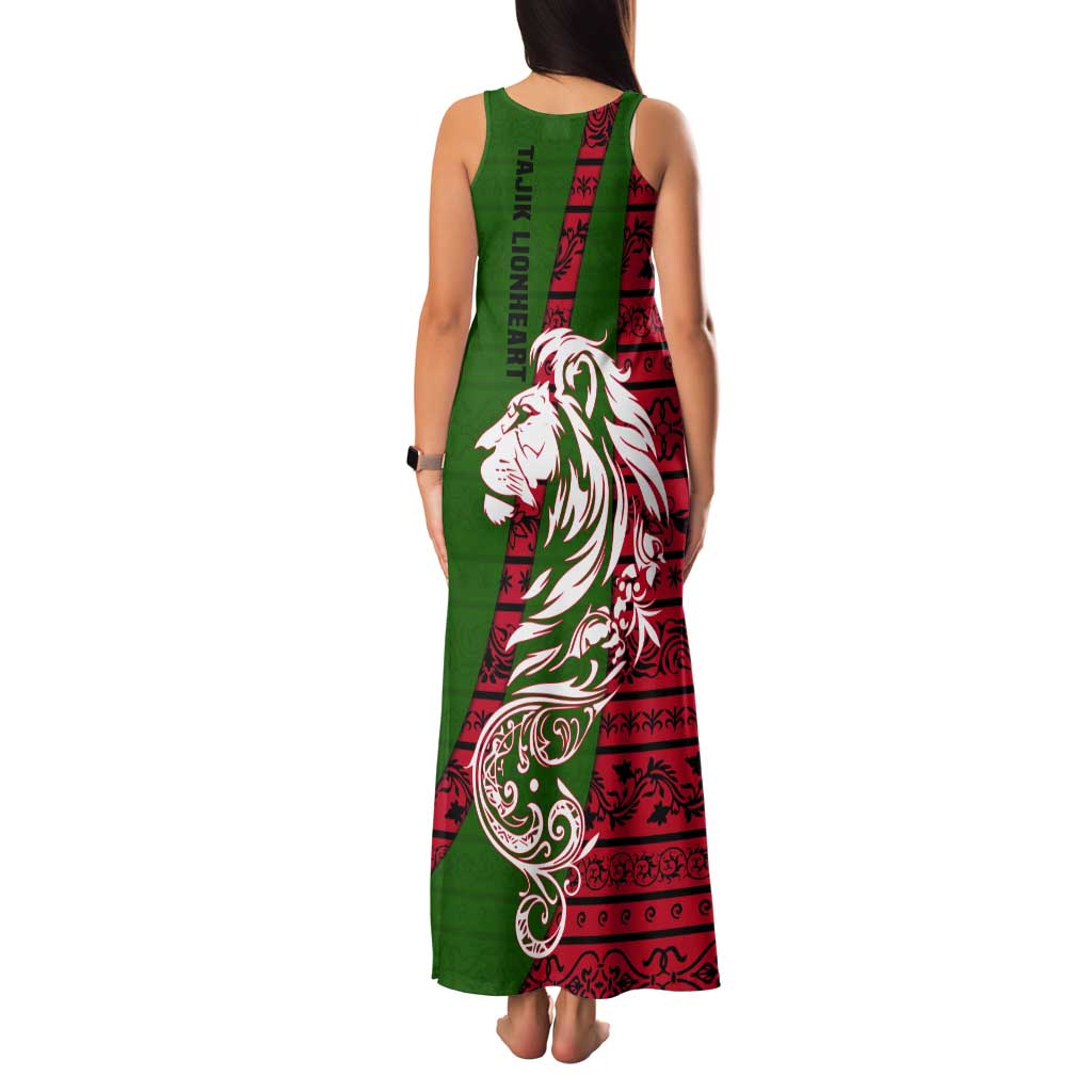 Tajikistan Green Lion Tank Maxi Dress with Red Folk Pattern with Majestic Script