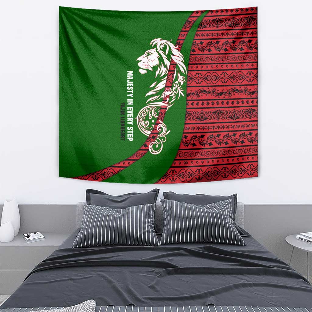 Tajikistan Green Lion Tapestry with Red Folk Pattern with Majestic Script