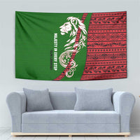 Tajikistan Green Lion Tapestry with Red Folk Pattern with Majestic Script