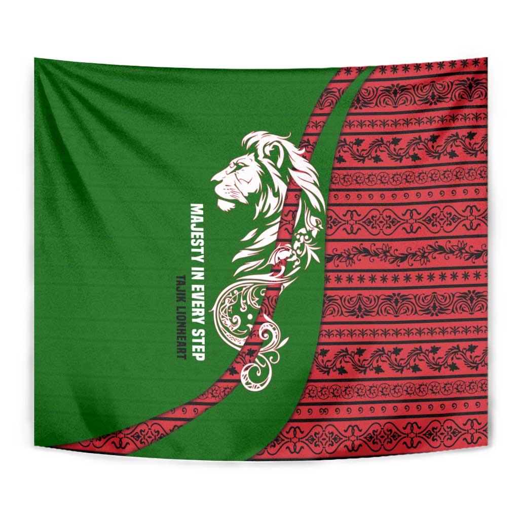 Tajikistan Green Lion Tapestry with Red Folk Pattern with Majestic Script