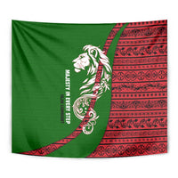 Tajikistan Green Lion Tapestry with Red Folk Pattern with Majestic Script