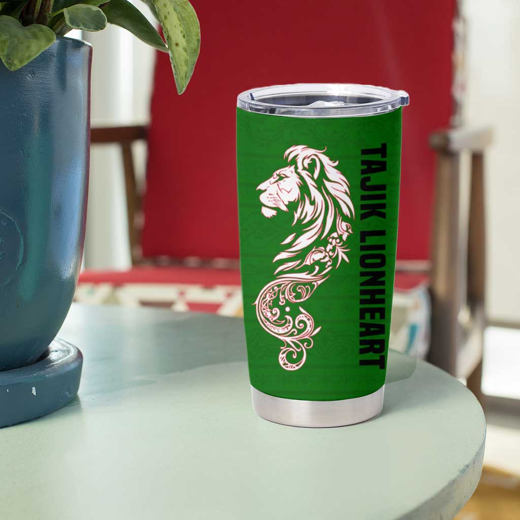 Tajikistan Green Lion Tumbler Cup with Red Folk Pattern with Majestic Script