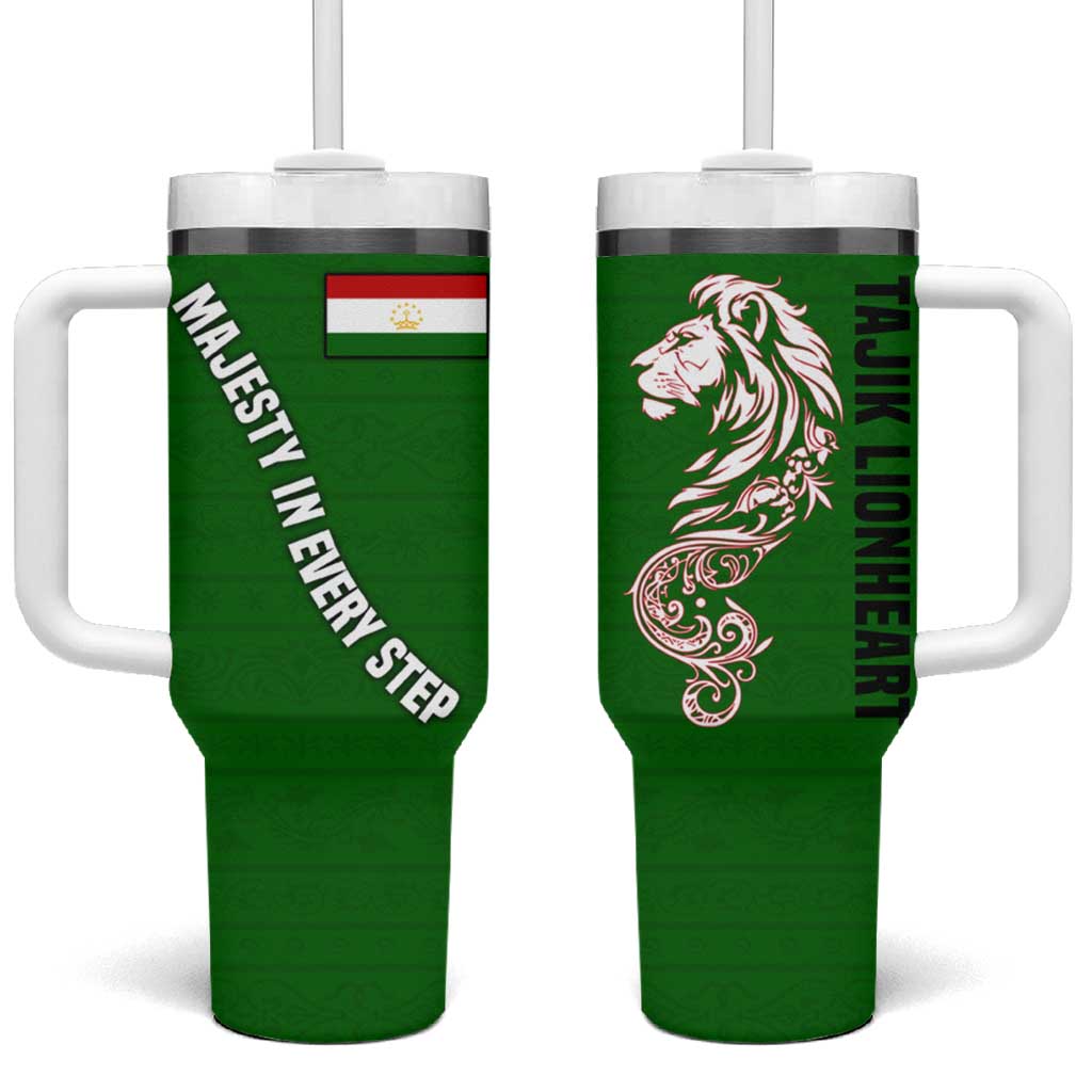 Tajikistan Green Lion Tumbler With Handle with Red Folk Pattern with Majestic Script