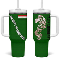 Tajikistan Green Lion Tumbler With Handle with Red Folk Pattern with Majestic Script