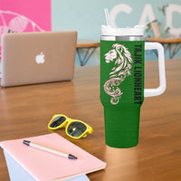 Tajikistan Green Lion Tumbler With Handle with Red Folk Pattern with Majestic Script