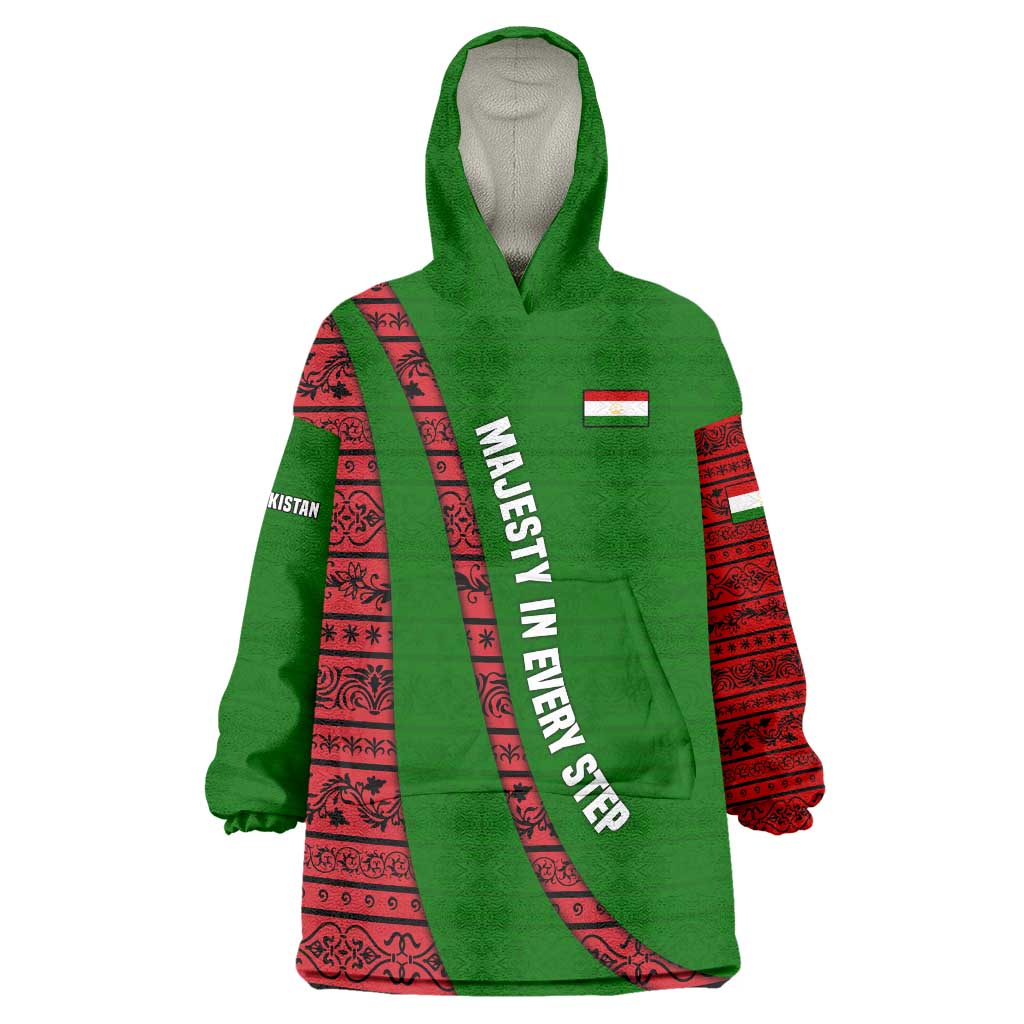 Tajikistan Green Lion Wearable Blanket Hoodie with Red Folk Pattern with Majestic Script