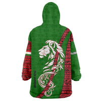 Tajikistan Green Lion Wearable Blanket Hoodie with Red Folk Pattern with Majestic Script