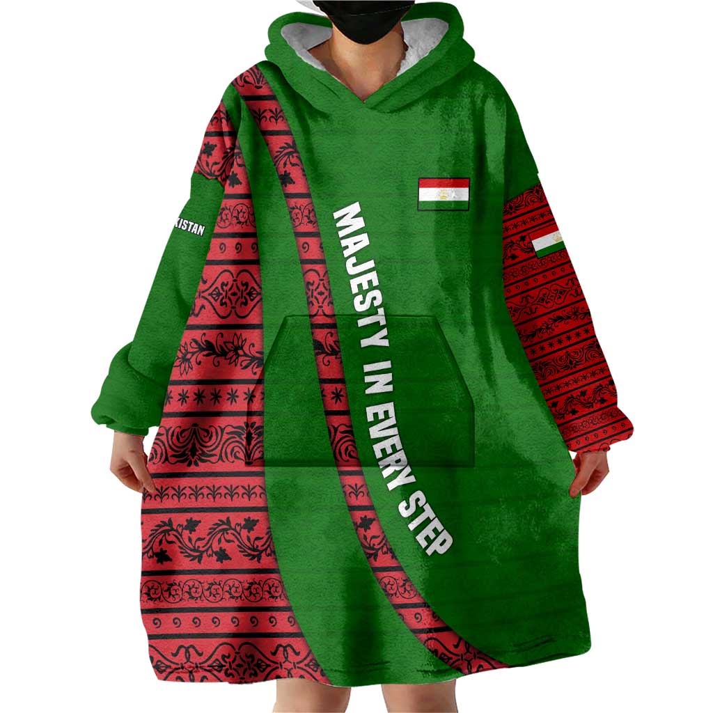 Tajikistan Green Lion Wearable Blanket Hoodie with Red Folk Pattern with Majestic Script