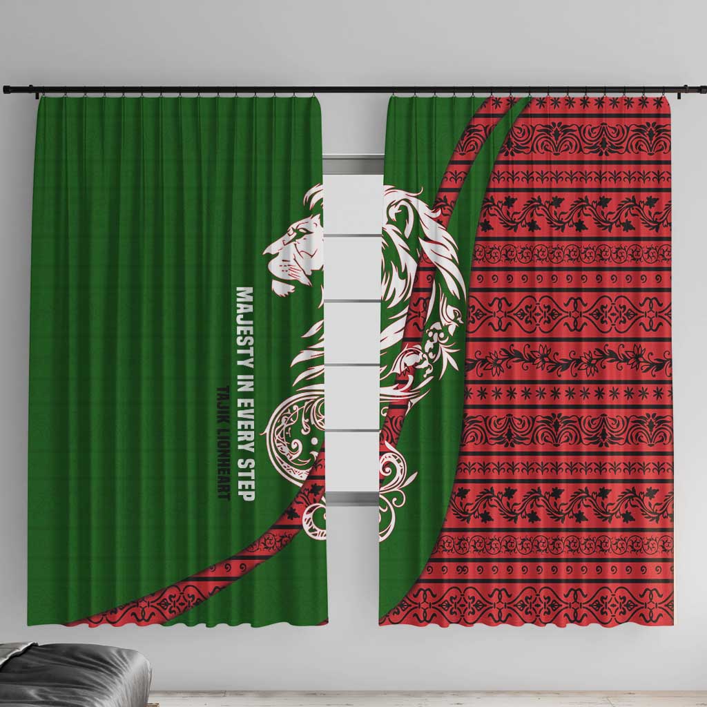 Tajikistan Green Lion Window Curtain with Red Folk Pattern with Majestic Script