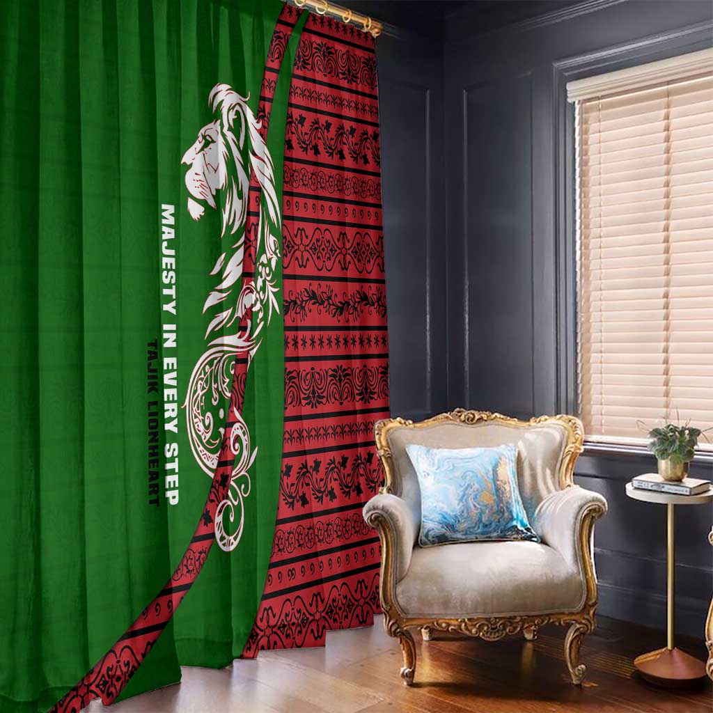Tajikistan Green Lion Window Curtain with Red Folk Pattern with Majestic Script
