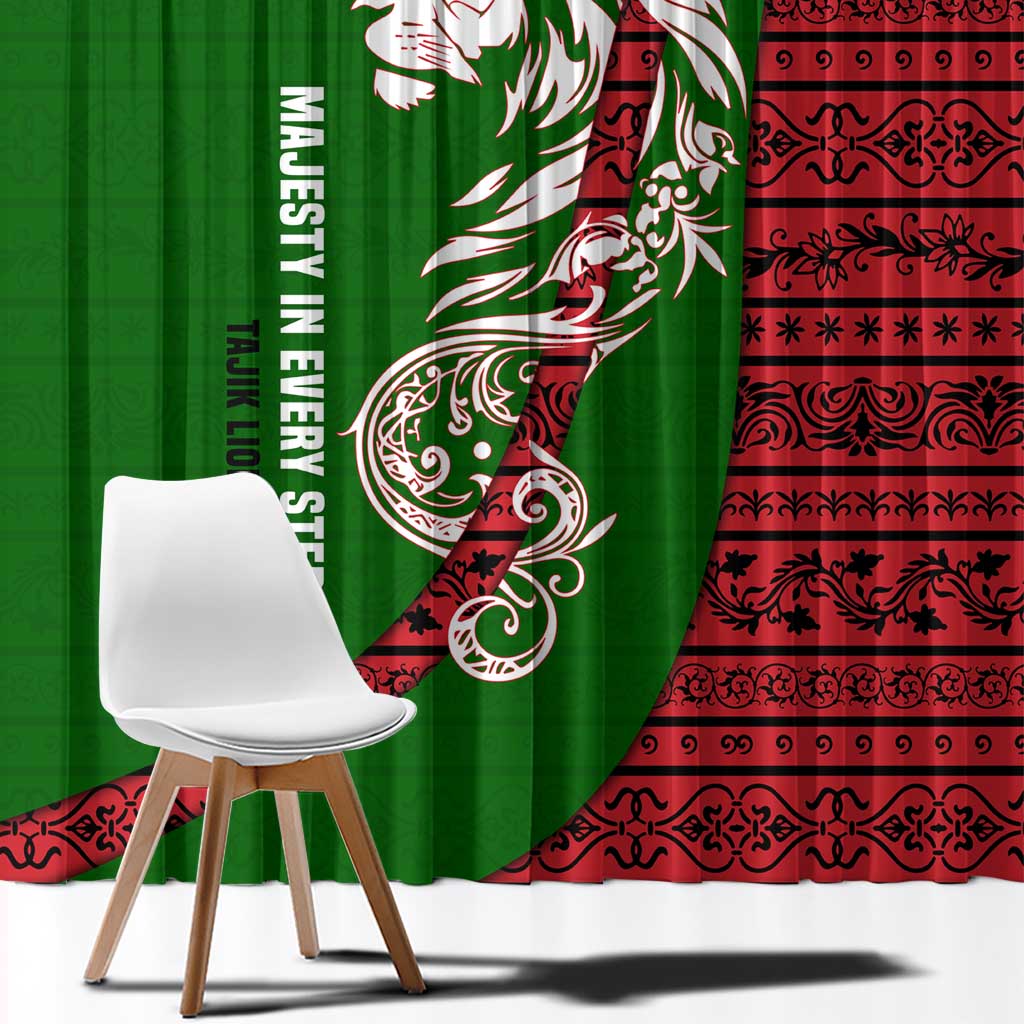 Tajikistan Green Lion Window Curtain with Red Folk Pattern with Majestic Script