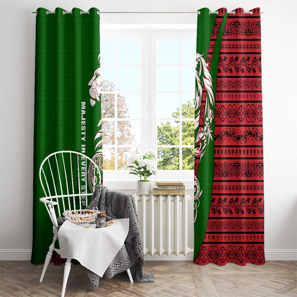 Tajikistan Green Lion Window Curtain with Red Folk Pattern with Majestic Script