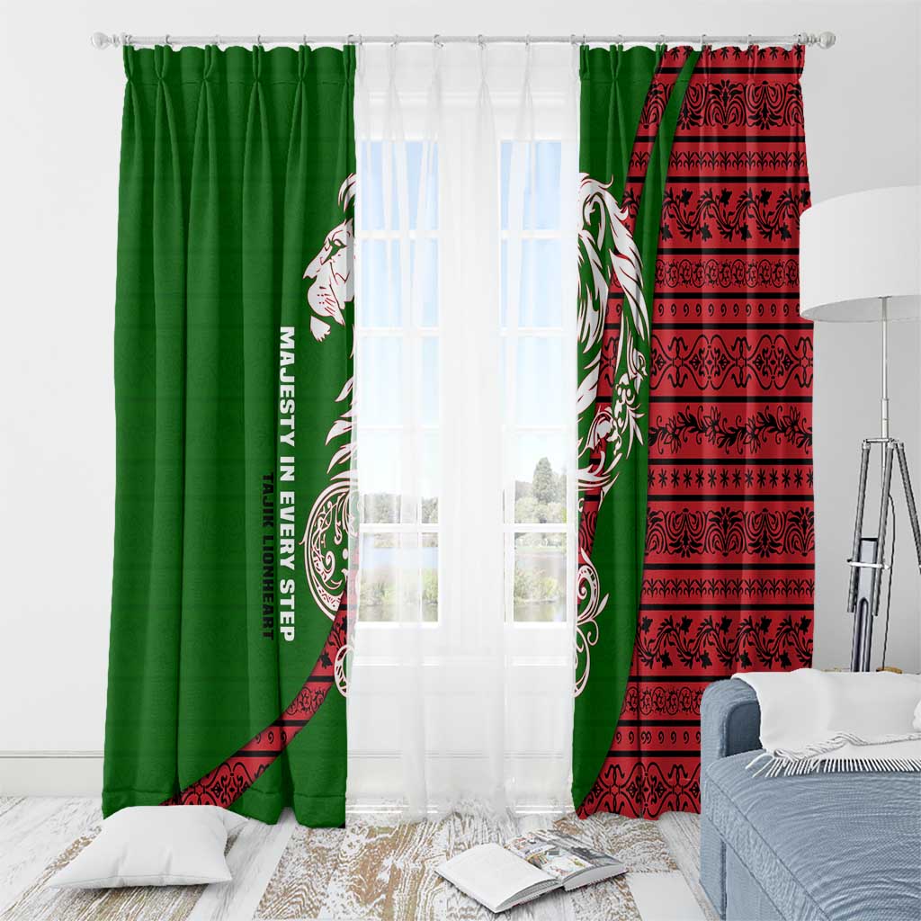 Tajikistan Green Lion Window Curtain with Red Folk Pattern with Majestic Script