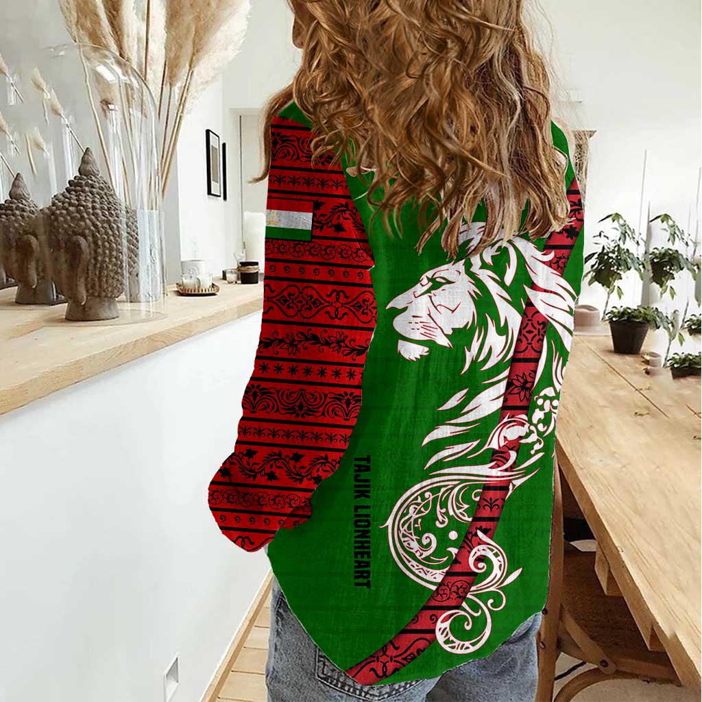 Tajikistan Green Lion Women Casual Shirt with Red Folk Pattern with Majestic Script