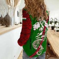 Tajikistan Green Lion Women Casual Shirt with Red Folk Pattern with Majestic Script