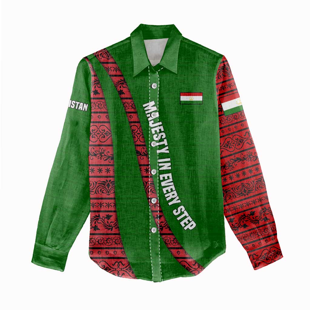 Tajikistan Green Lion Women Casual Shirt with Red Folk Pattern with Majestic Script