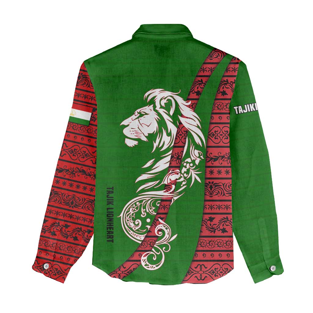 Tajikistan Green Lion Women Casual Shirt with Red Folk Pattern with Majestic Script