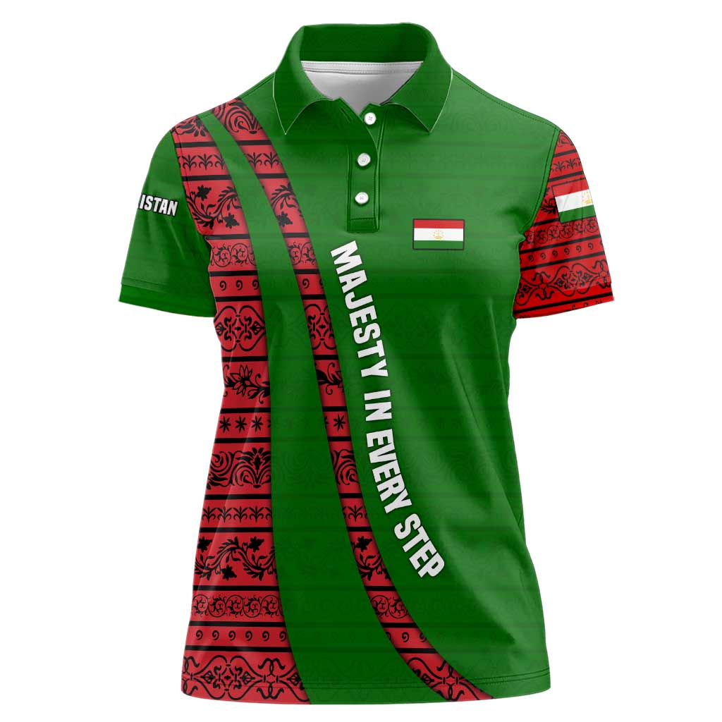Tajikistan Green Lion Women Polo Shirt with Red Folk Pattern with Majestic Script
