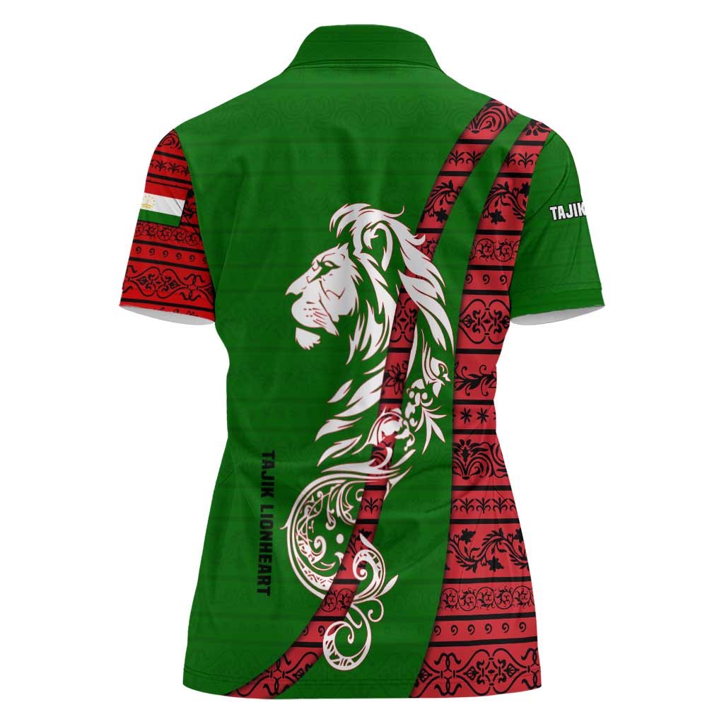 Tajikistan Green Lion Women Polo Shirt with Red Folk Pattern with Majestic Script