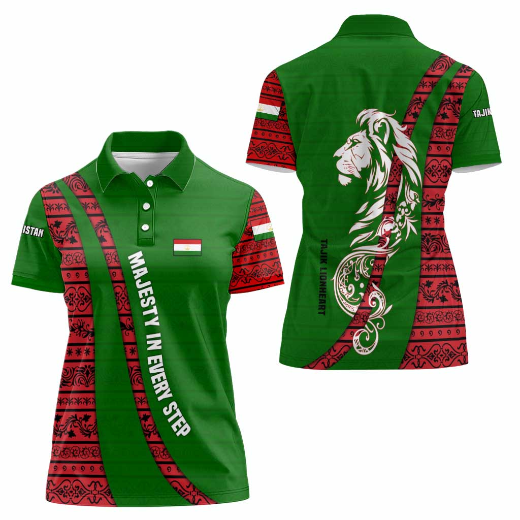 Tajikistan Green Lion Women Polo Shirt with Red Folk Pattern with Majestic Script