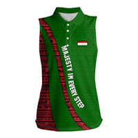 Tajikistan Green Lion Women Sleeveless Polo Shirt with Red Folk Pattern with Majestic Script