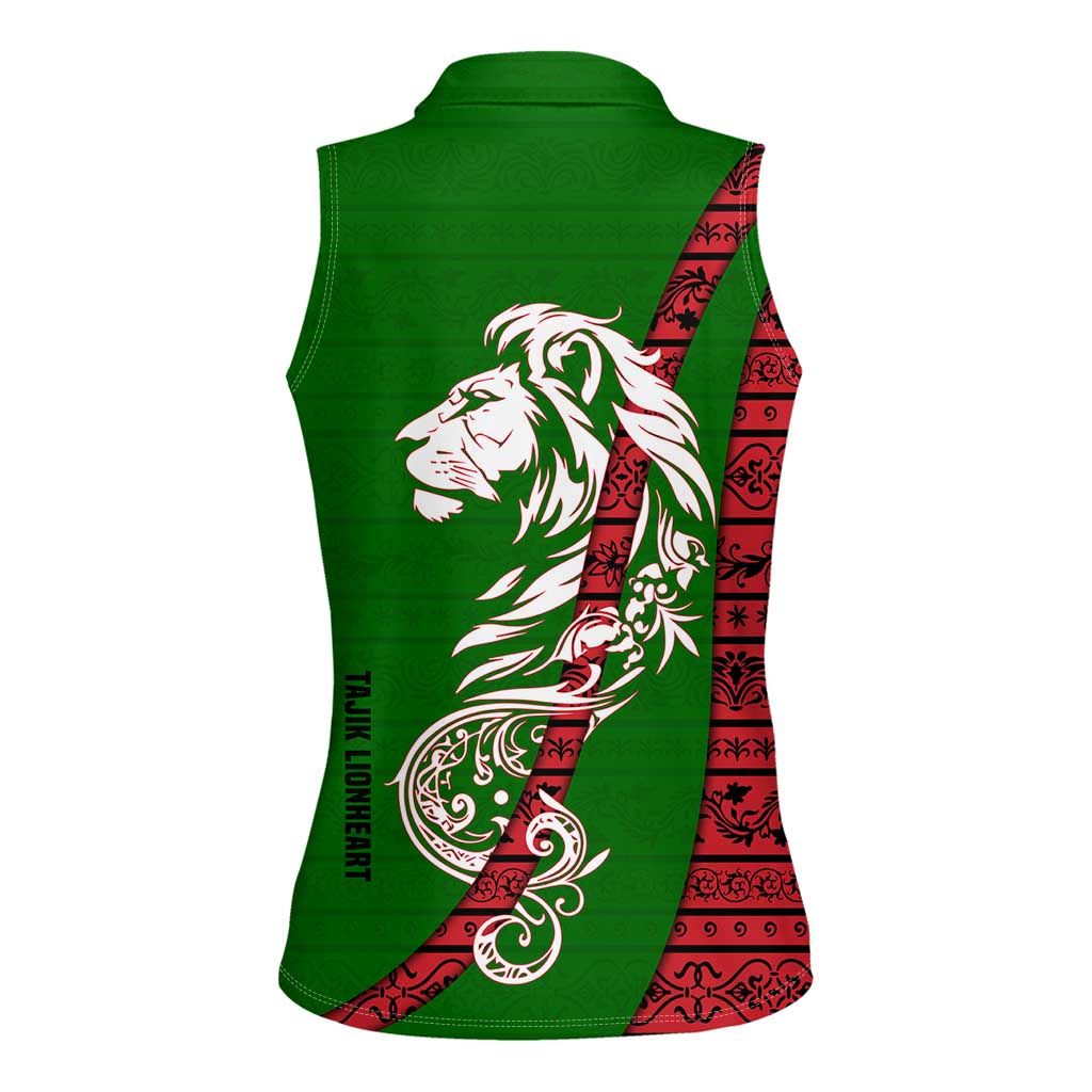Tajikistan Green Lion Women Sleeveless Polo Shirt with Red Folk Pattern with Majestic Script