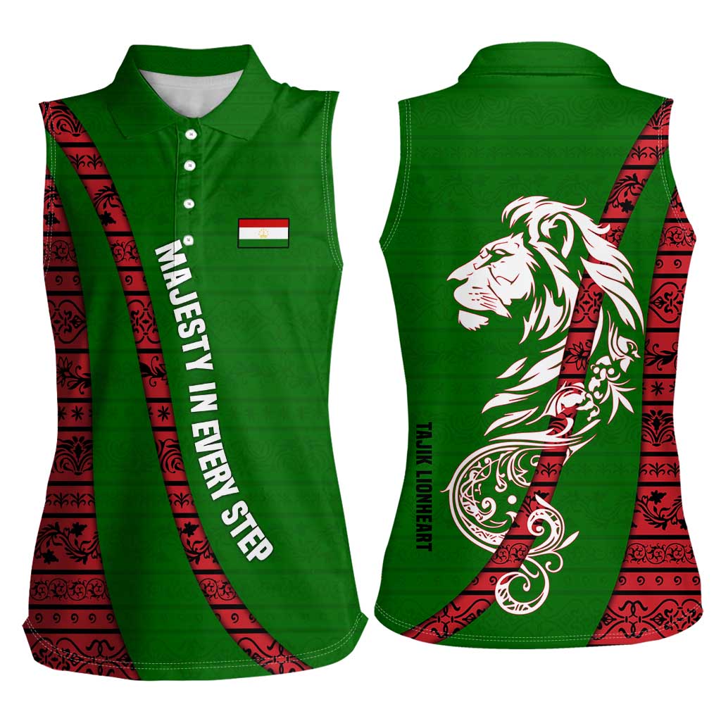 Tajikistan Green Lion Women Sleeveless Polo Shirt with Red Folk Pattern with Majestic Script