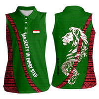 Tajikistan Green Lion Women Sleeveless Polo Shirt with Red Folk Pattern with Majestic Script