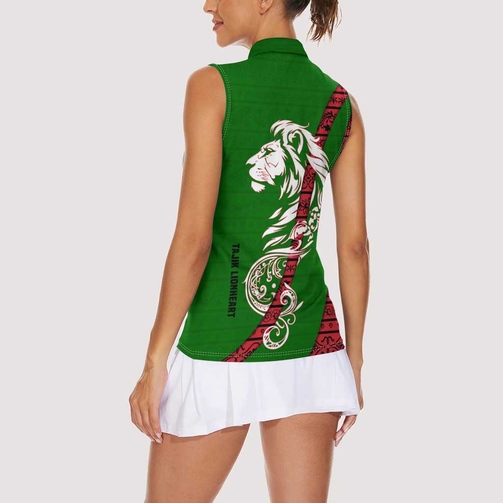 Tajikistan Green Lion Women Sleeveless Polo Shirt with Red Folk Pattern with Majestic Script