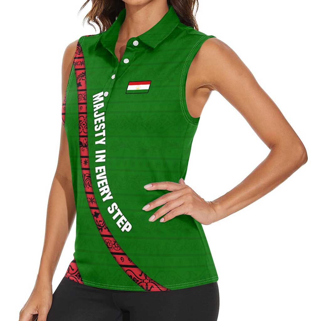 Tajikistan Green Lion Women Sleeveless Polo Shirt with Red Folk Pattern with Majestic Script