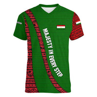 Tajikistan Green Lion Women V-Neck T-Shirt with Red Folk Pattern with Majestic Script