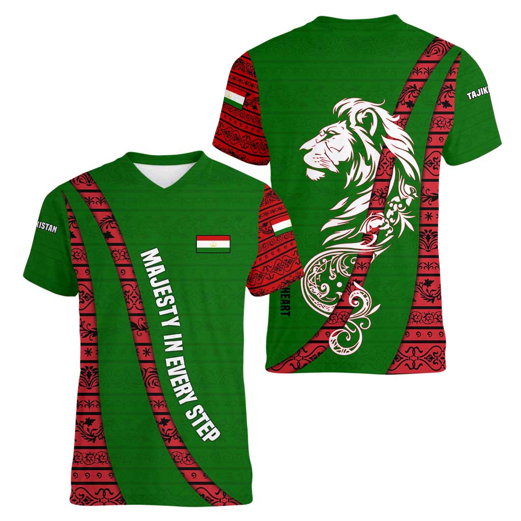 Tajikistan Green Lion Women V-Neck T-Shirt with Red Folk Pattern with Majestic Script