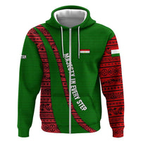 Tajikistan Green Lion Zip Hoodie with Red Folk Pattern with Majestic Script