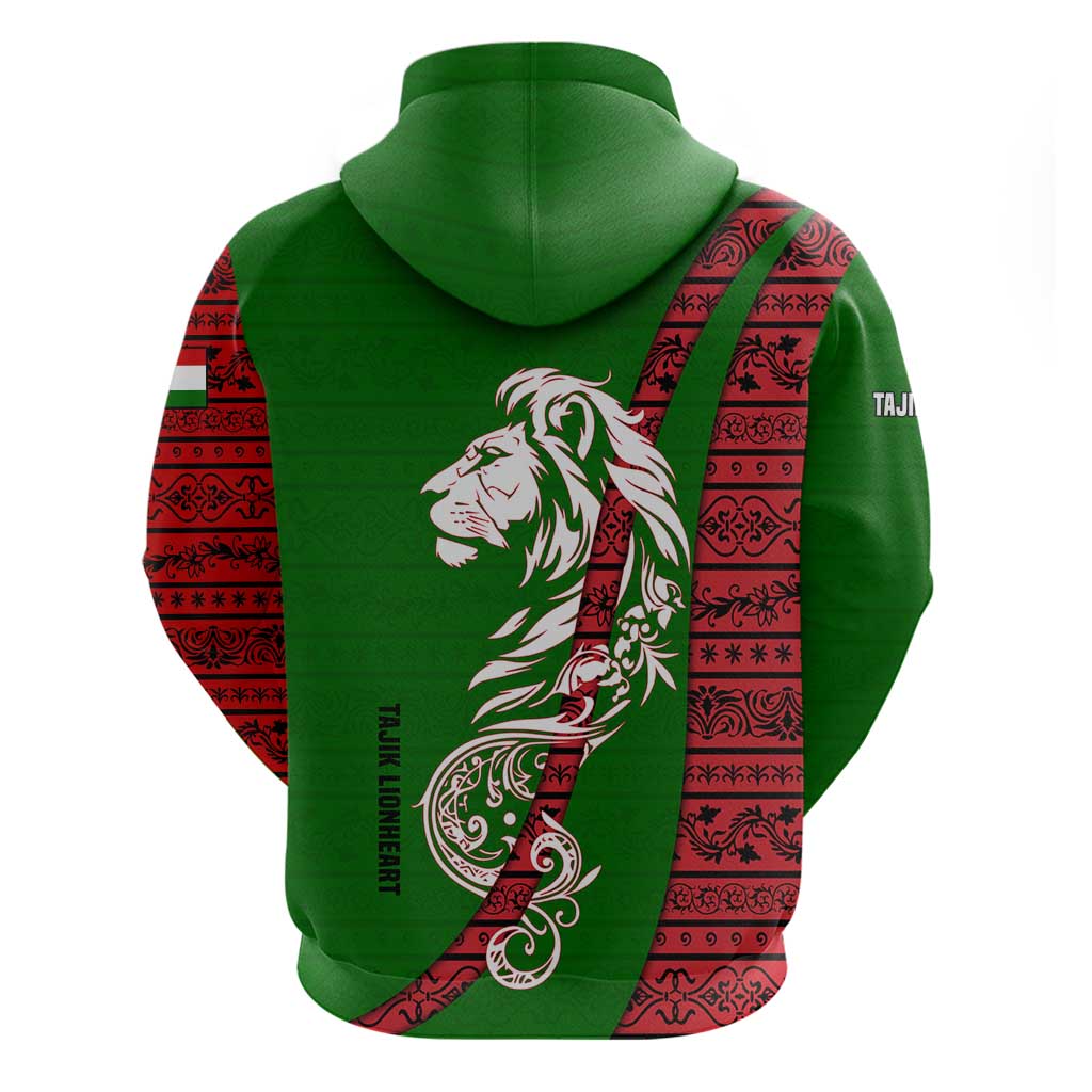 Tajikistan Green Lion Zip Hoodie with Red Folk Pattern with Majestic Script
