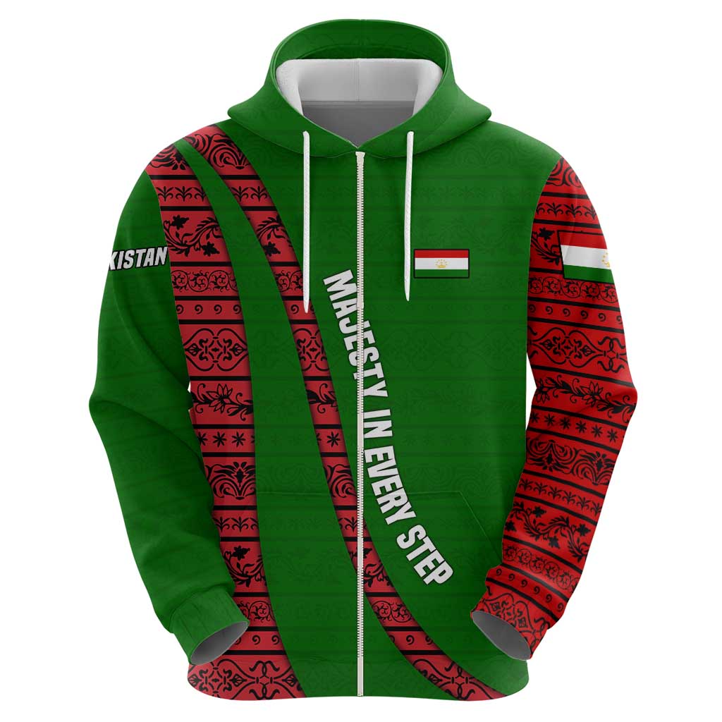 Tajikistan Green Lion Zip Hoodie with Red Folk Pattern with Majestic Script