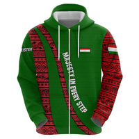 Tajikistan Green Lion Zip Hoodie with Red Folk Pattern with Majestic Script
