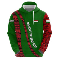 Tajikistan Green Lion Zip Hoodie with Red Folk Pattern with Majestic Script