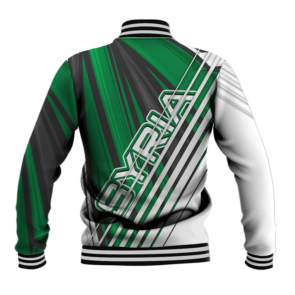 Modern Syria Flag Baseball Jacket with Green and Black Diagonal Stripe Design
