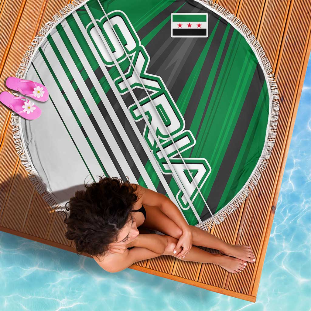 Modern Syria Flag Beach Blanket with Green and Black Diagonal Stripe Design