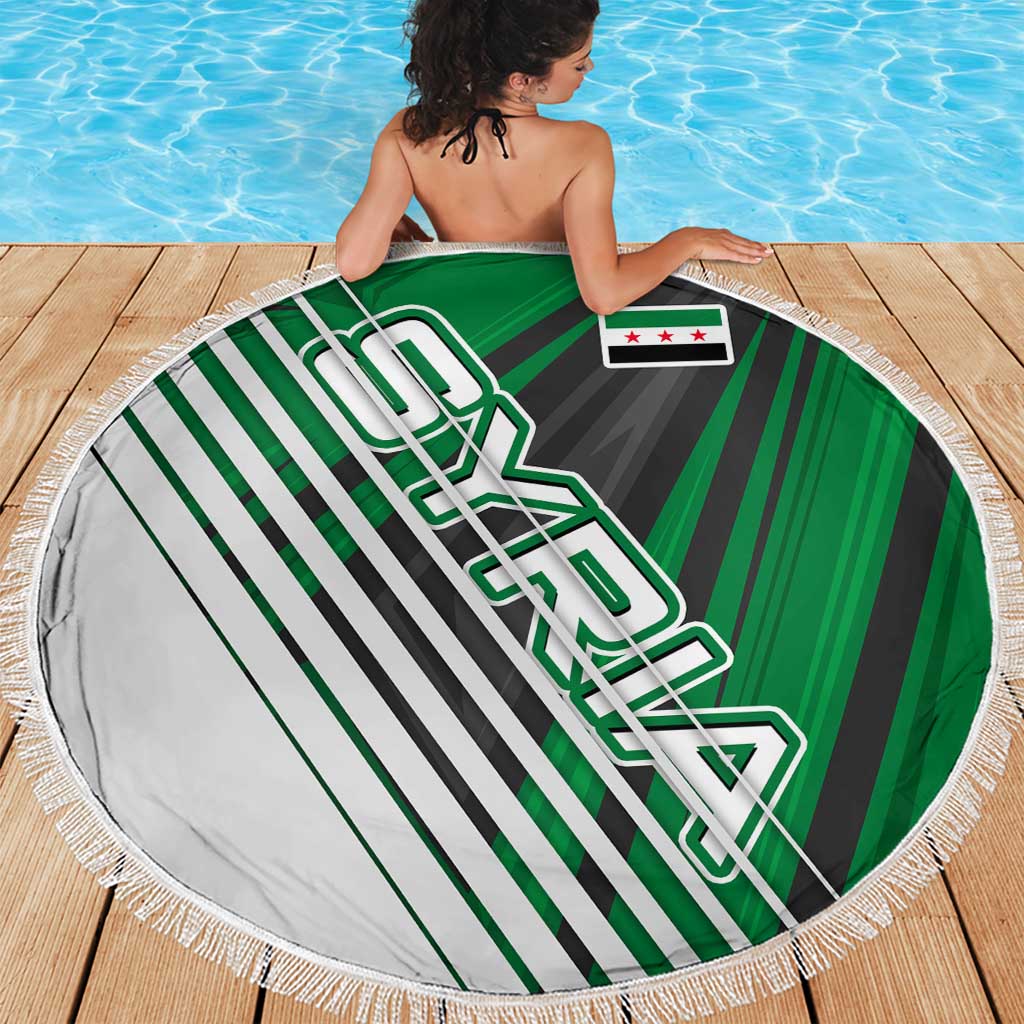 Modern Syria Flag Beach Blanket with Green and Black Diagonal Stripe Design