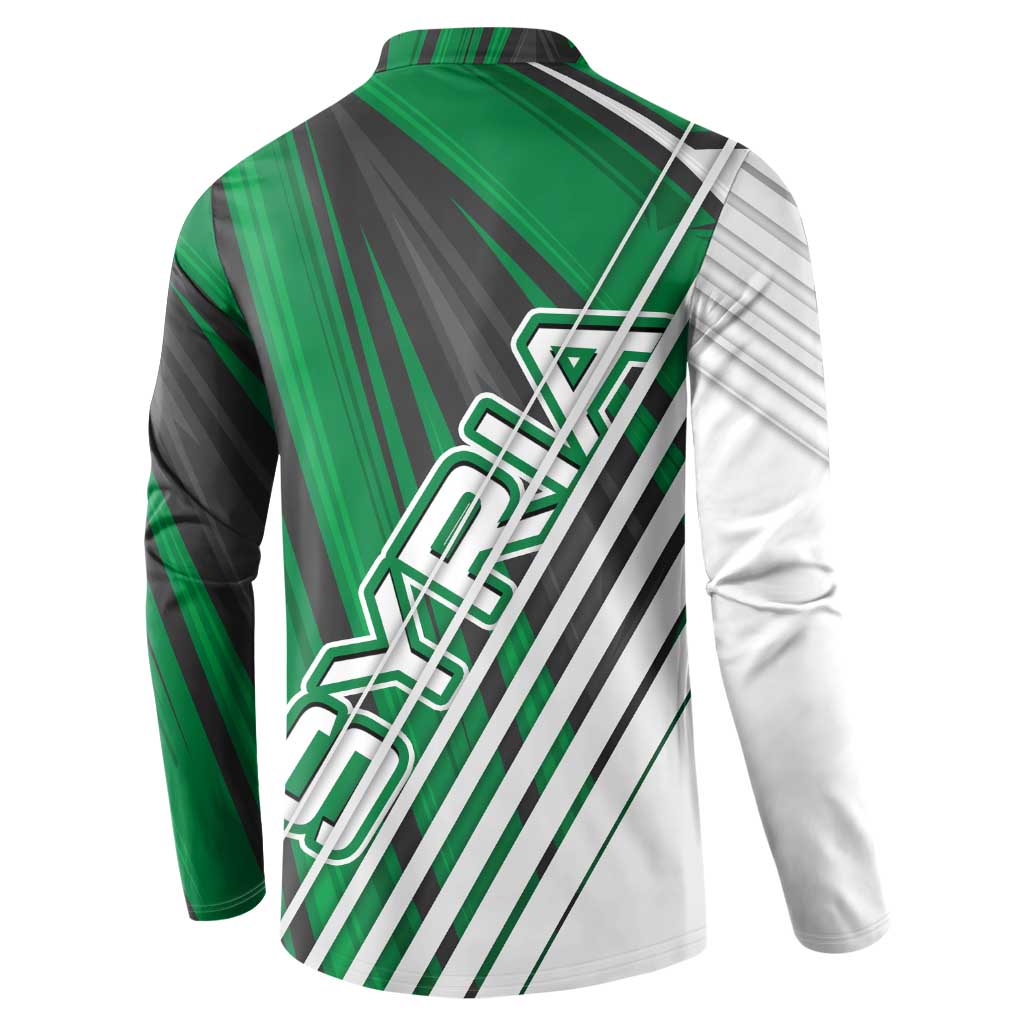 Modern Syria Flag Button Sweatshirt with Green and Black Diagonal Stripe Design