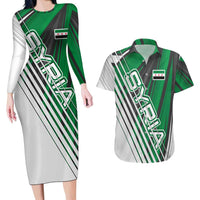 Modern Syria Flag Couples Matching Long Sleeve Bodycon Dress and Hawaiian Shirt with Green and Black Diagonal Stripe Design