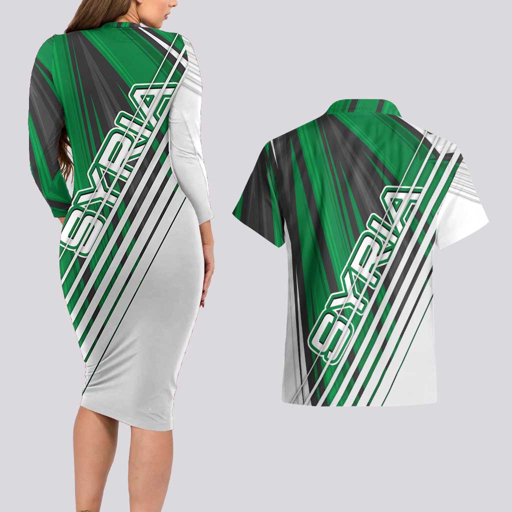 Modern Syria Flag Couples Matching Long Sleeve Bodycon Dress and Hawaiian Shirt with Green and Black Diagonal Stripe Design