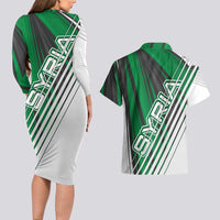Modern Syria Flag Couples Matching Long Sleeve Bodycon Dress and Hawaiian Shirt with Green and Black Diagonal Stripe Design